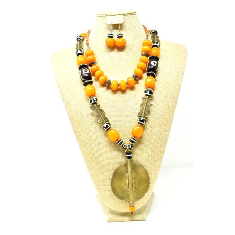 African Orange Copal Resin Amber & Brass Necklace and Earring Set