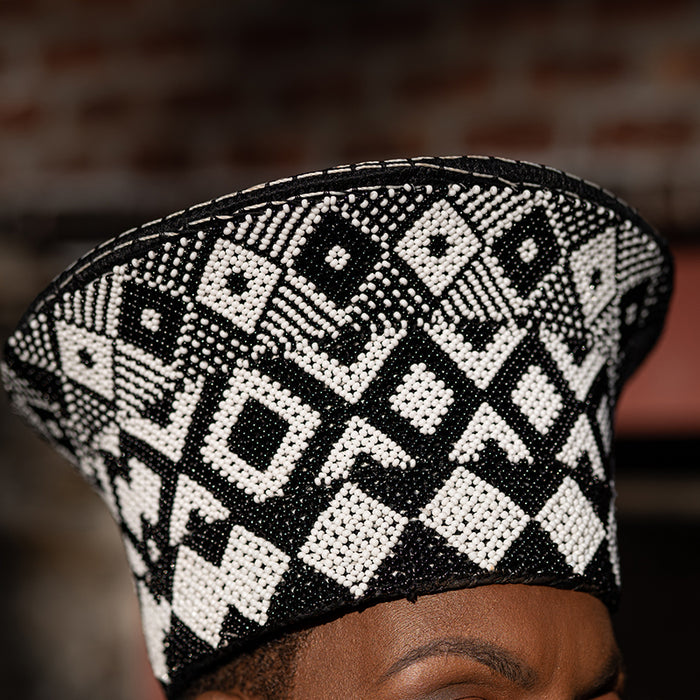 Zulu Beaded Basket Hat 01 - Black & White | Made in South Africa