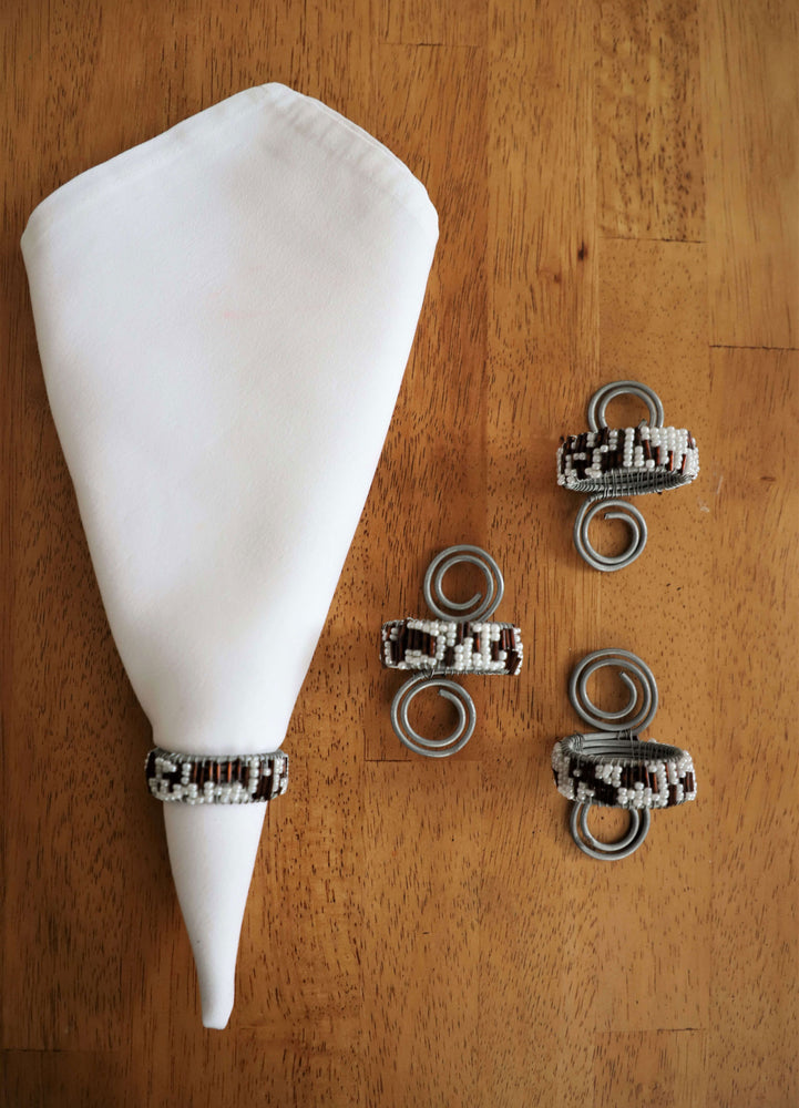Beaded Brown & Cream Napkin Rings on aluminium stand | Handmade in Tanzania
