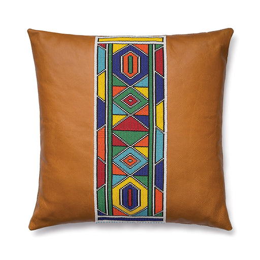 Beaded Tan Leather Pillow Cover Square