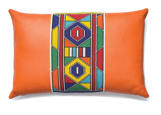 Beaded Leather Pillow Cover - Orange Lumbar