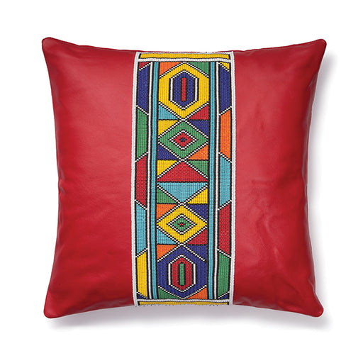 Beaded Red Leather Pillow Cover Square