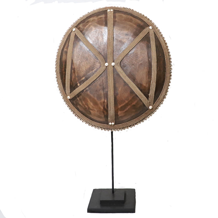 Wooden Natural Cameroon Shield on stand | Manilla Geometric Design with Cowrie Edge