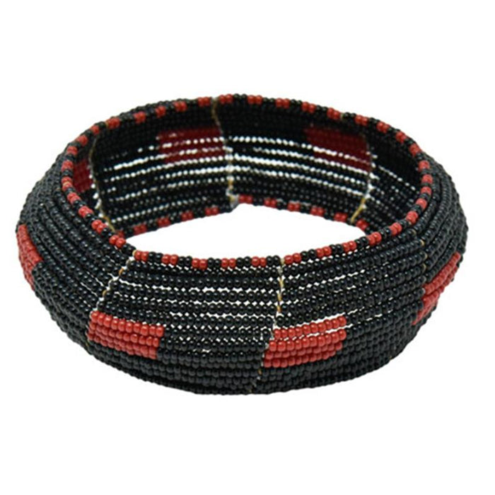 Maasai Concave Beaded Bangle 13 - Black & Red
