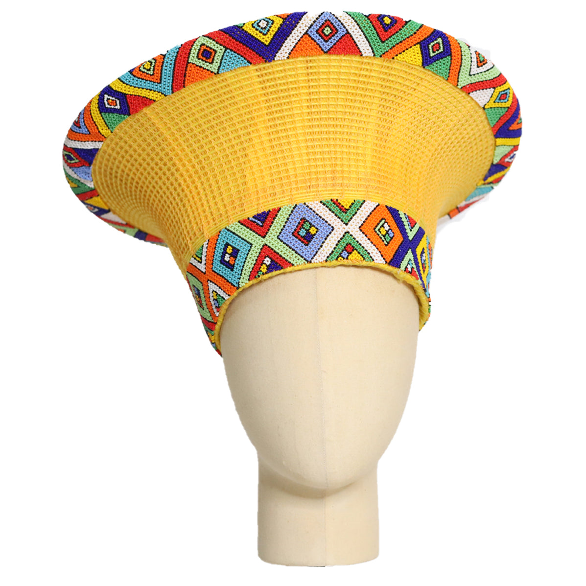 Zulu Wide Basket Hat - Yellow with Beaded Bands | Handmade in South Af ...
