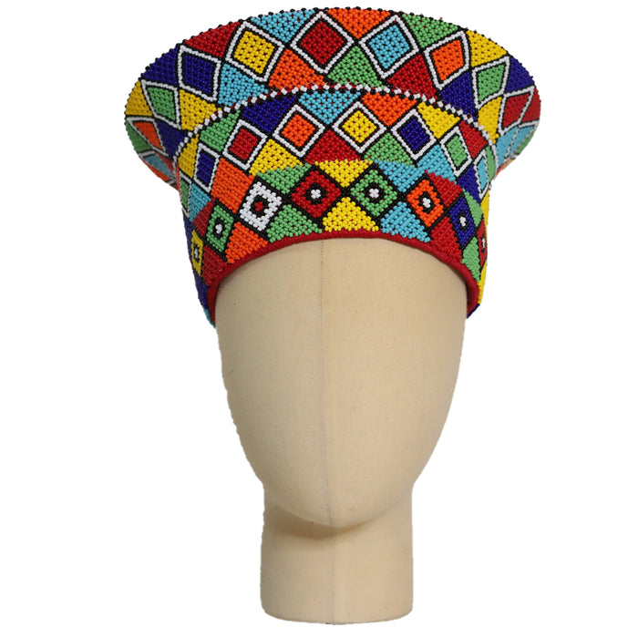 Zulu Beaded Basket Hat - Multicolored Checkered Triangle Pattern | Made in South Africa