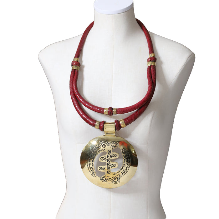 Gye Nyame Pendant Necklace | Red Leather
