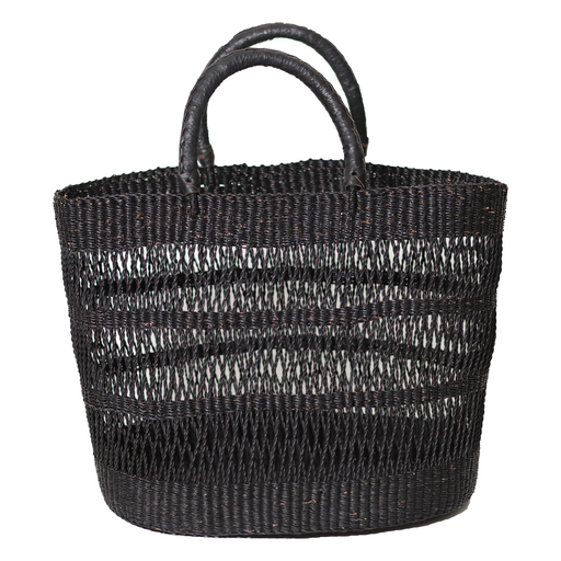 Bolga Basket Tote Bag with Leather Handle | Black
