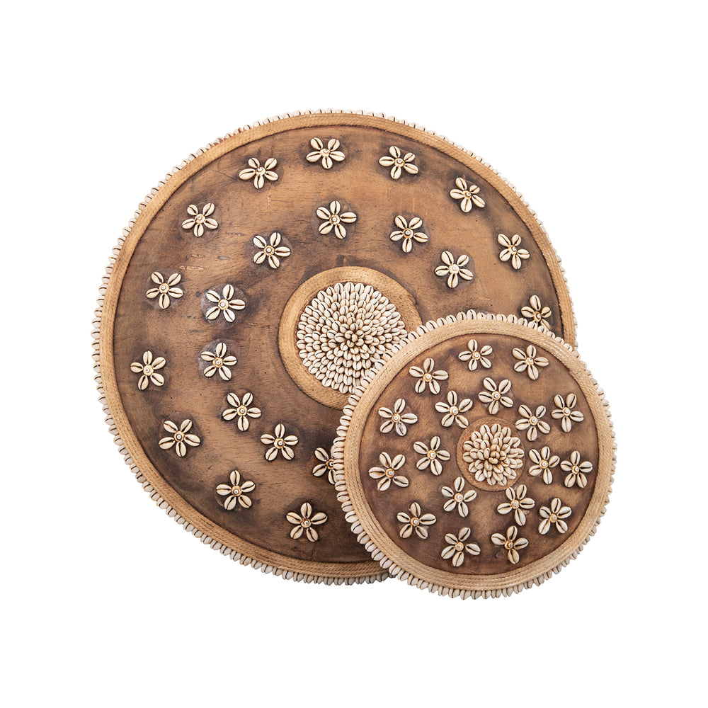 Wooden Natural Cameroon Shield | Cowrie Shells Floral Design
