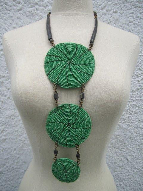 Triple Disc Necklace with horn Green