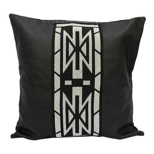 Beaded Leather Pillow Cover - Black Square