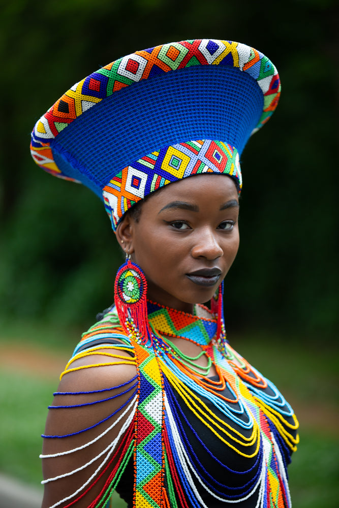 Zulu Wide Basket Hat - Blue with Beaded Band | Handmade in South Africa