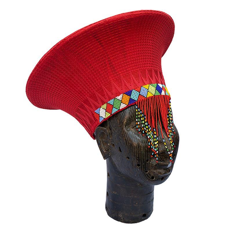 Zulu Wide Basket Hat with Beading - Red | Handmade in South Africa