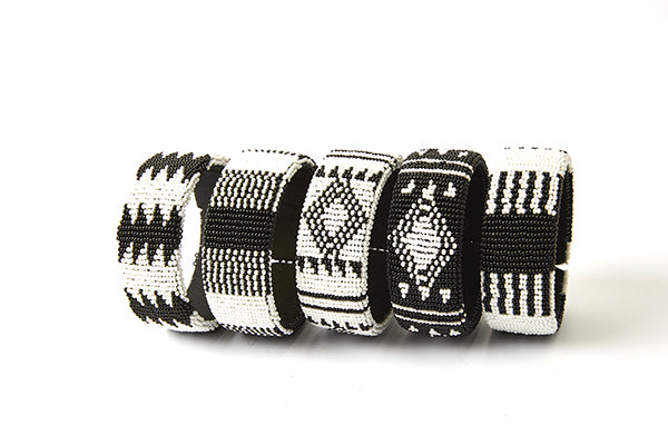 Zulu Beaded Cuff Bangles Black & White - Set of 5