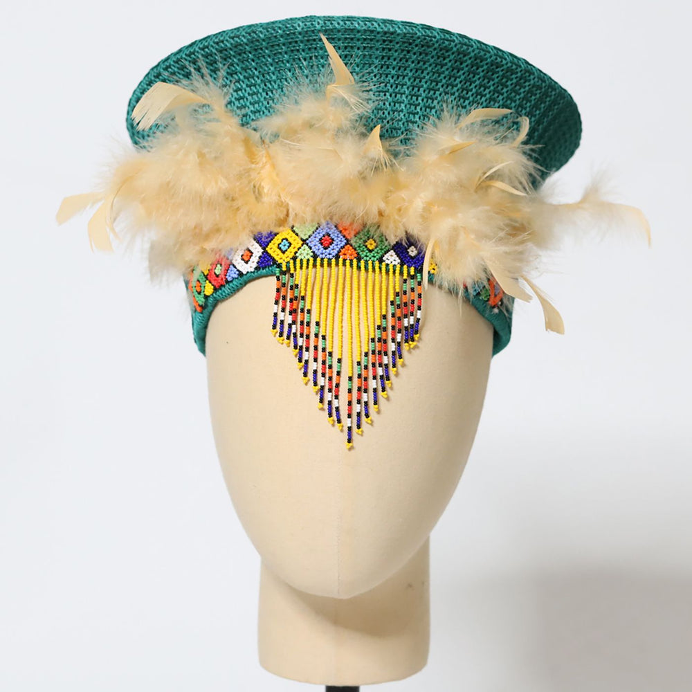 Zulu Basket Hat with Beading & Feathers- Green