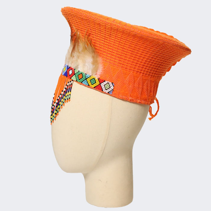 Zulu Basket Hat with Beading & Feathers | Orange
