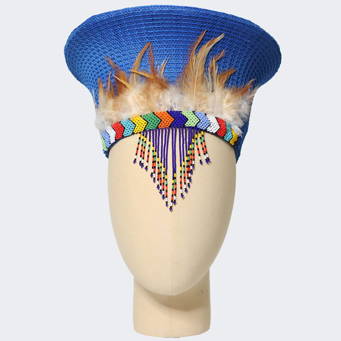 Zulu Basket Hat with Beading & Feathers - Blue