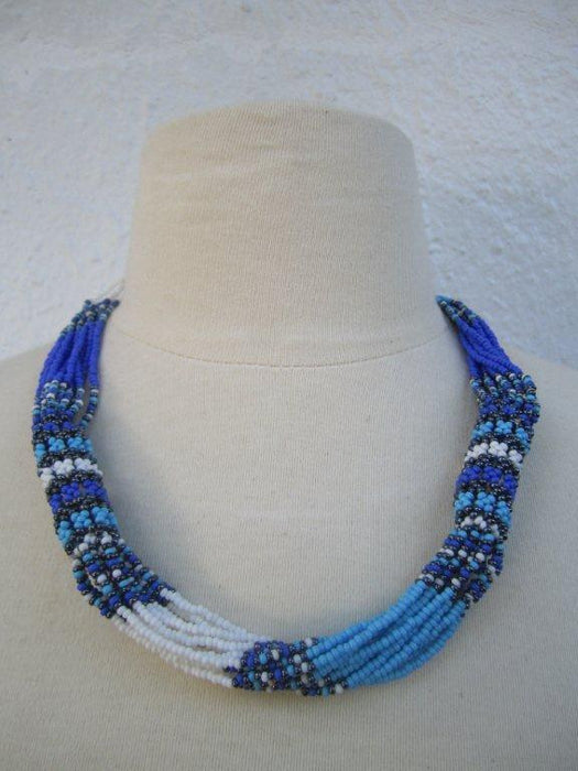 Zulu Strand Short  Necklace Blue White  and Grey 22 inches