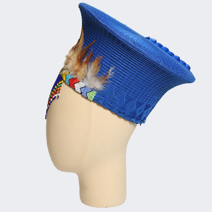 Zulu Basket Hat with Beading & Feathers - Blue