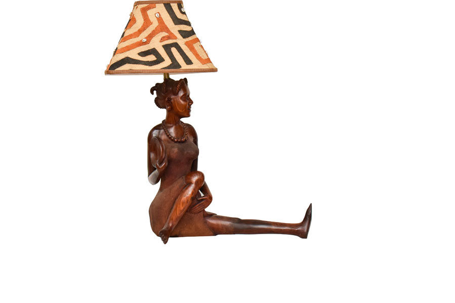 African Woman Lamp with Rectangle Kuba Lampshade | Made in Tanzania